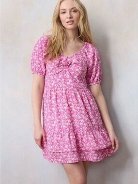 🎯LC Lauren Conrad Pink Floral Puff Sleeve Tie-Front Mini Dress